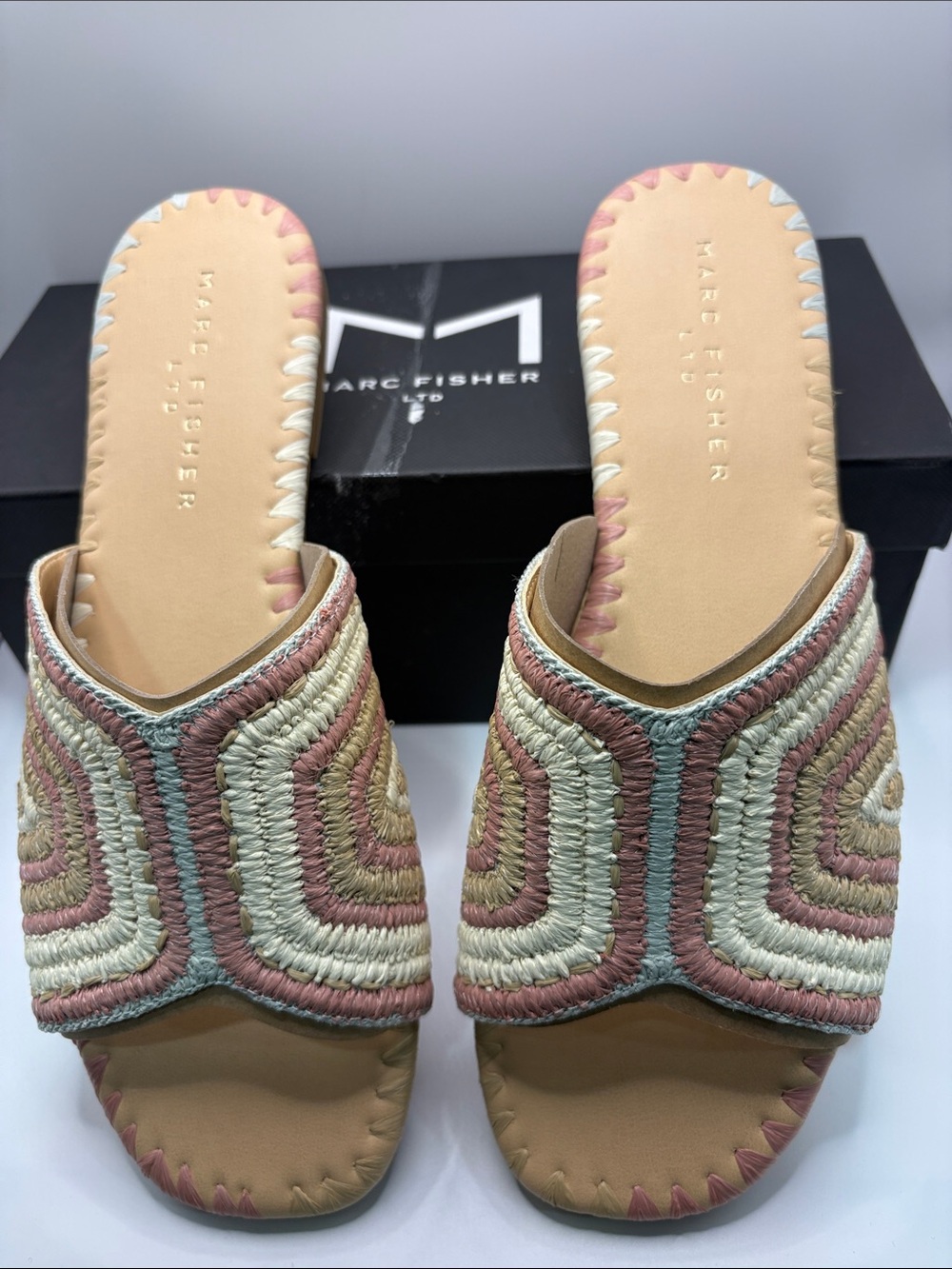 Marc Fisher Nottie Woven Pink and Cream natural Slide sandals